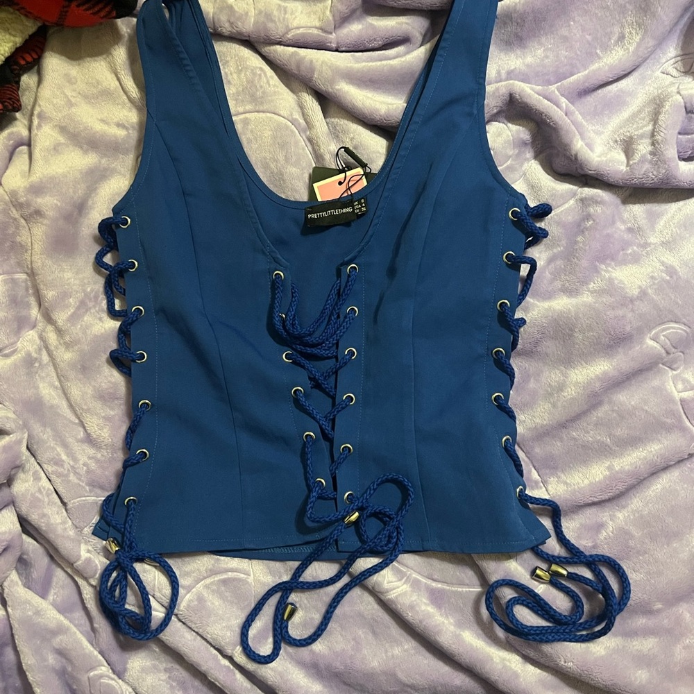 PrettyLittleThing Royal Blue Lace-Up Crop Top